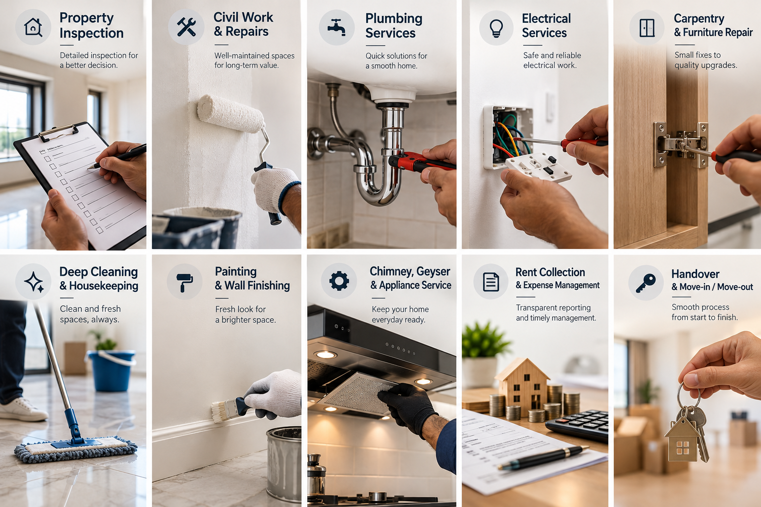Home services: inspection, civil work, plumbing, electrical, cleaning, appliances, rent collection and handover