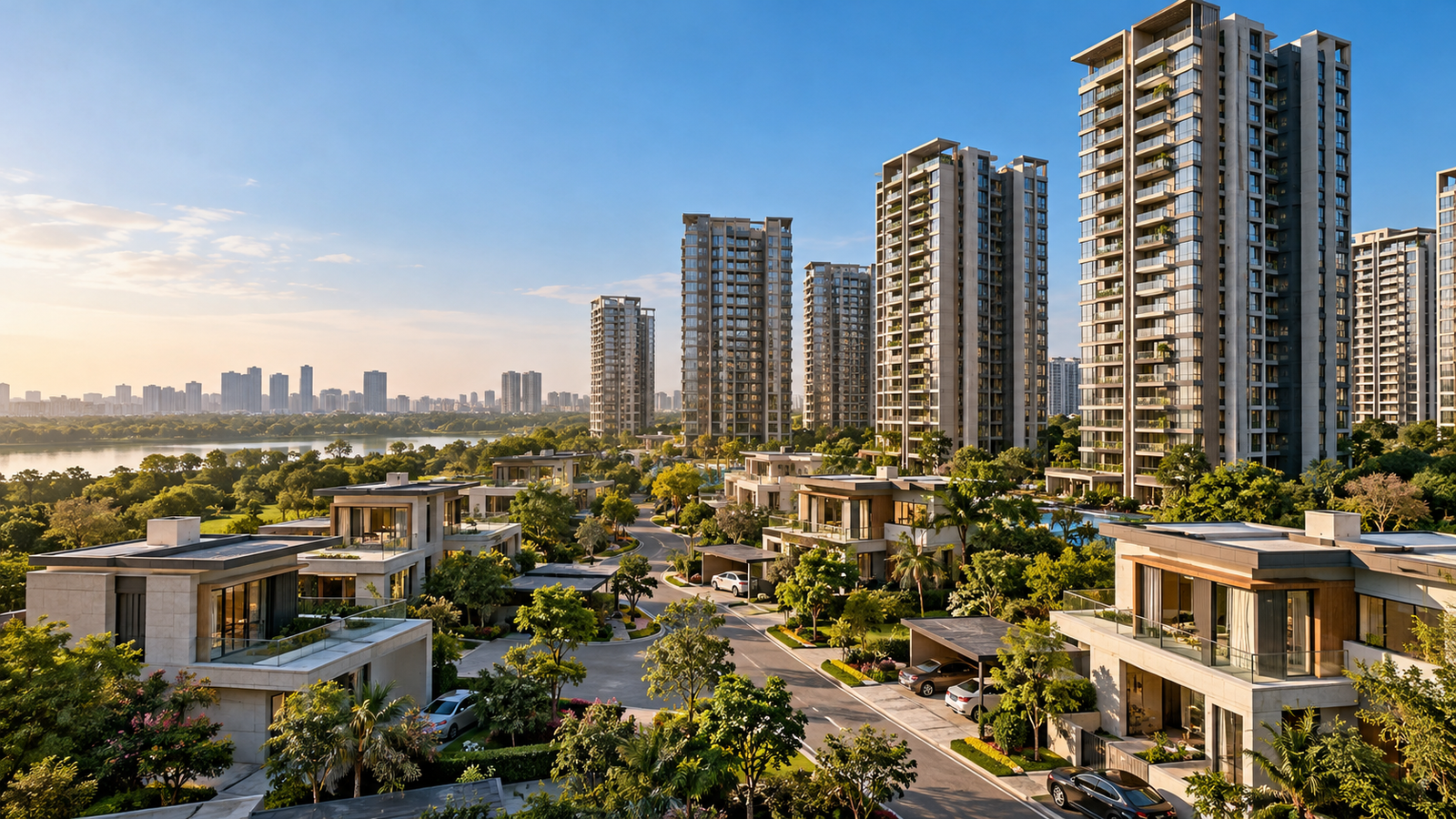 Noida towers and villas at sunrise